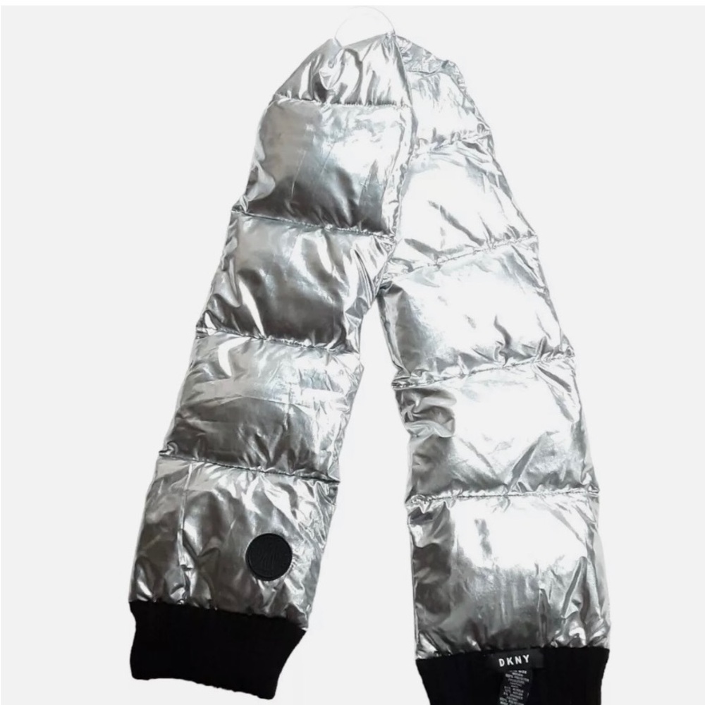 NWOT DKNY quilted silver puffer scarf. Black trim. 8 x 60”. Purchased w/o tags. - Picture 3 of 6